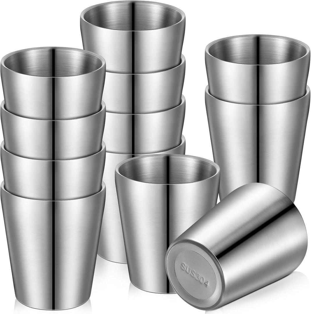 Amyhill 12 Pieces Stainless Steel Cups Double Wall Tumbler Glasses Stackable Metal Drinking Cups Insulated Drinking Glasses Reusable Camping Mugs for Home Camping RV BBQ Office Party(Silver,5.9 oz)