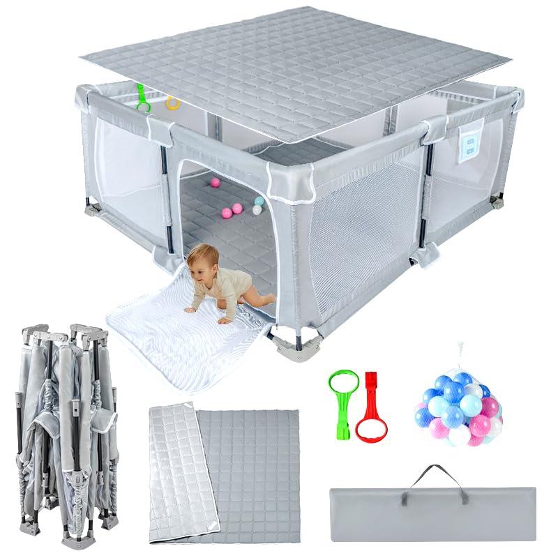 Foldable Baby Playpen 50"x50"Playpen for Babies and Toddlers with MatFoldable playpen with DoorIndoor and Outdoor Baby Fence Play Area (Light Gray, Foldable 50"x50" with Mat)