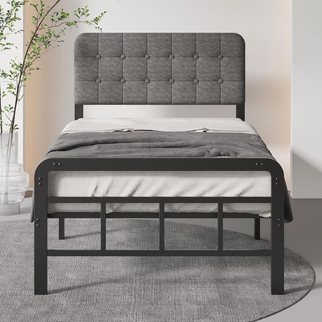 12 Inch Twin Bed Frames with Upholstered Headboard and Metal Footboard, No Box Spring Needed, Heavy Duty Twin Metal Mattress Foundation, Noise Free, Easy Assembly