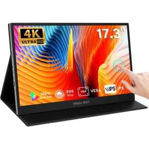 17.3'' 4K Portable Touchscreen Monitor, UHD 500Nits 100% AdobeRGB IPS HDR Travel Display, USB, Type-C & HDMI, Dual Speakers, VESA & Smart Cover - for Laptop PC Phone PS4/5 Xbox etc.