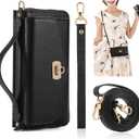 Crossbody Wallet Case for iPhone 16 Pro 6.3", Magnetic Detachable Floral PU Leather Phone Case with RFID Blocking Card Holder Wristlet Mirror Flip Zipper Shoulder Purse for Women - Black B