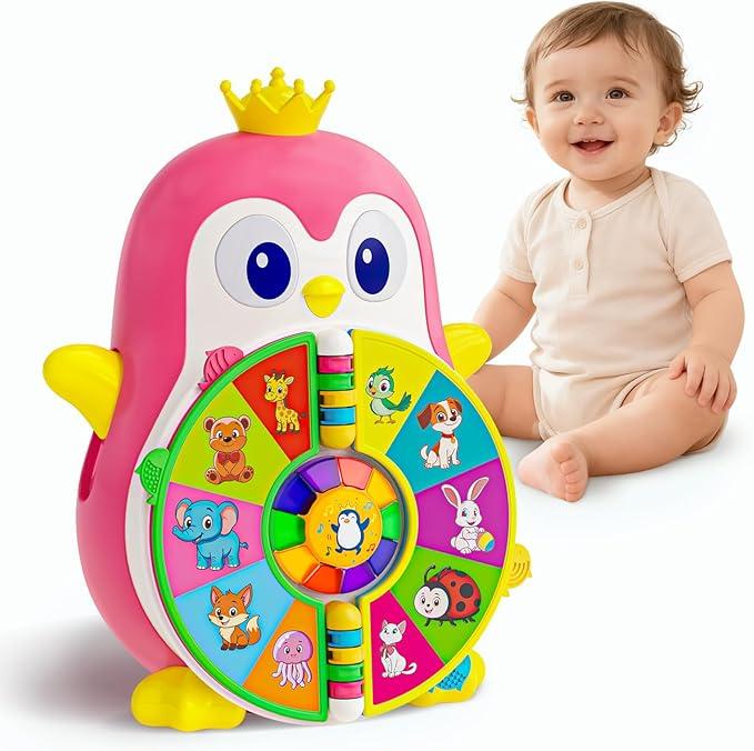 Musical Penguin Educational Toys for 1,2 Year Old Girl Gifts, Bilingual Learning Toy for Toddlers 1-3 Age with 5-Theme Pages, Lights & Music, First Birthday Gift for 1-2 Year Old 12-18 Month (Pink)