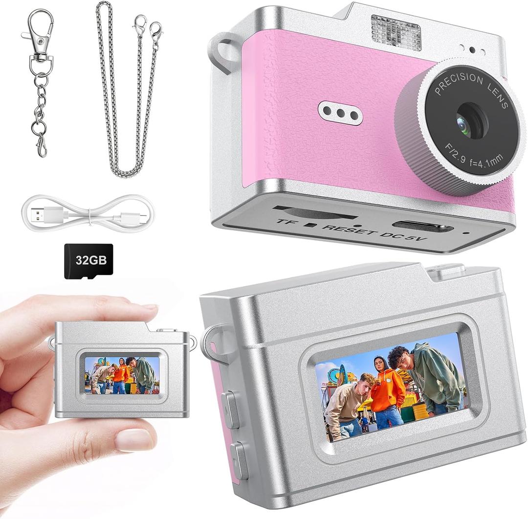 Mini Keychain Digital Camera 1080P, Ultra-Portable Small Retro Camera 32GB Card 6 Filters Video Recorder for Travel Study Camping Party Snap, Collectible Vintage Camera Gift for Kids Teens Beginners