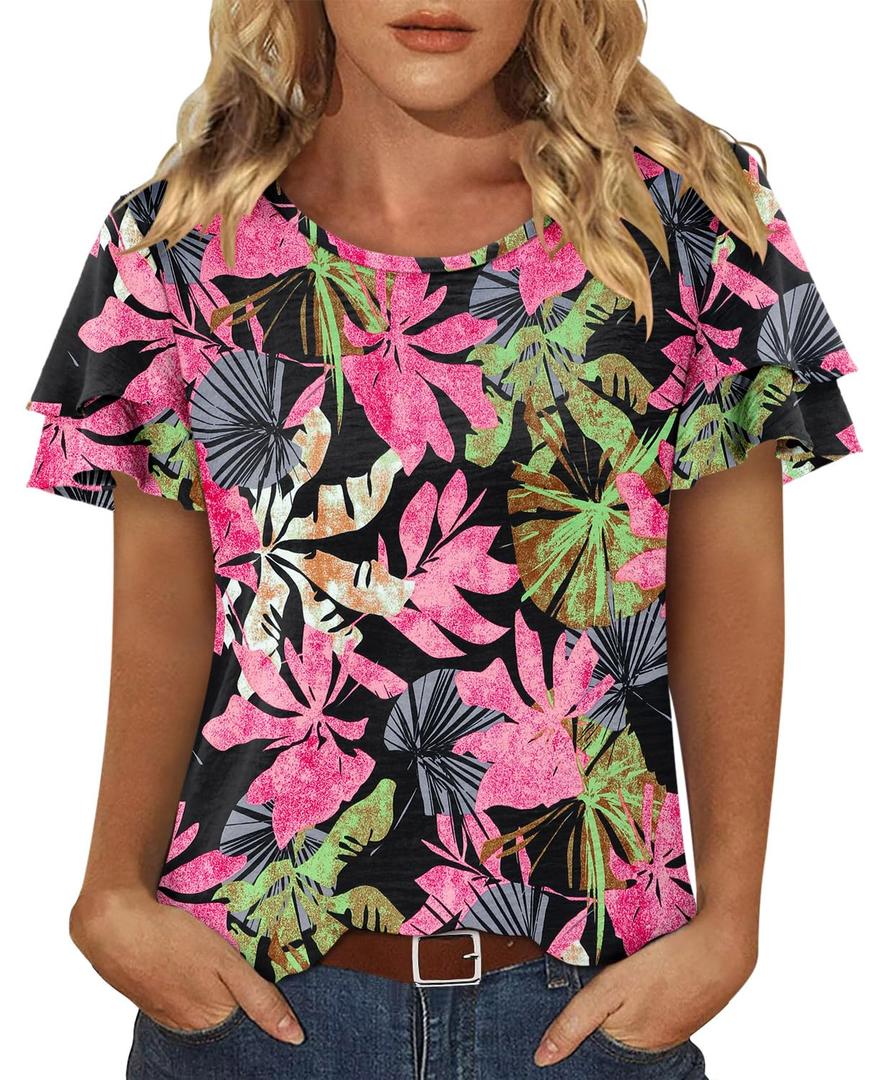 CRAZY GRID Womens Summer Tops Spring Shirts Trendy Vacation Outfits Short Sleeve Business Tshirts Fashion Casual Blouses (Black, L)
