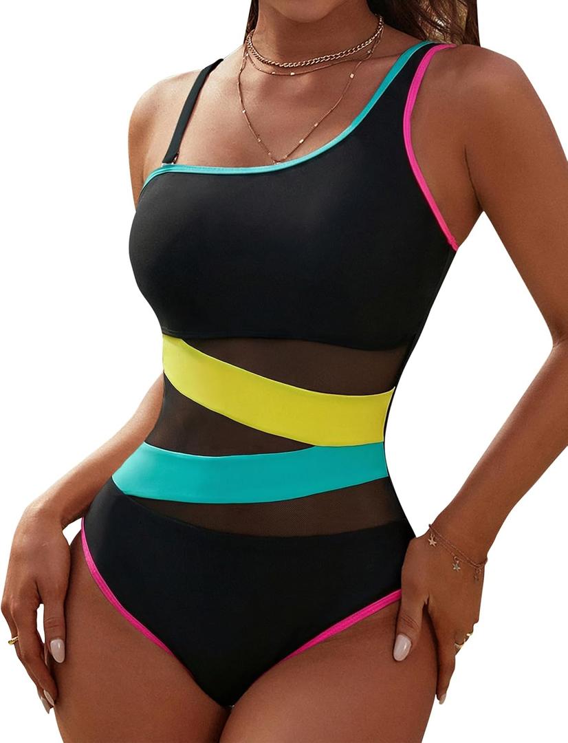 Blooming Jelly Women's Sexy One Piece Bathing Suits Slimming Mesh Swimwear One Shoulder Swimsuits for Women 2026 (Black), Large 