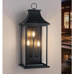 tewei 28'' Large Outdoor Wall Light, Porch Light Outdoor Wall Sconce Lantern, 3-Light Black Exterior Lighting Fixture Wall Mount, Outside Light for House Garage, 1-Pack