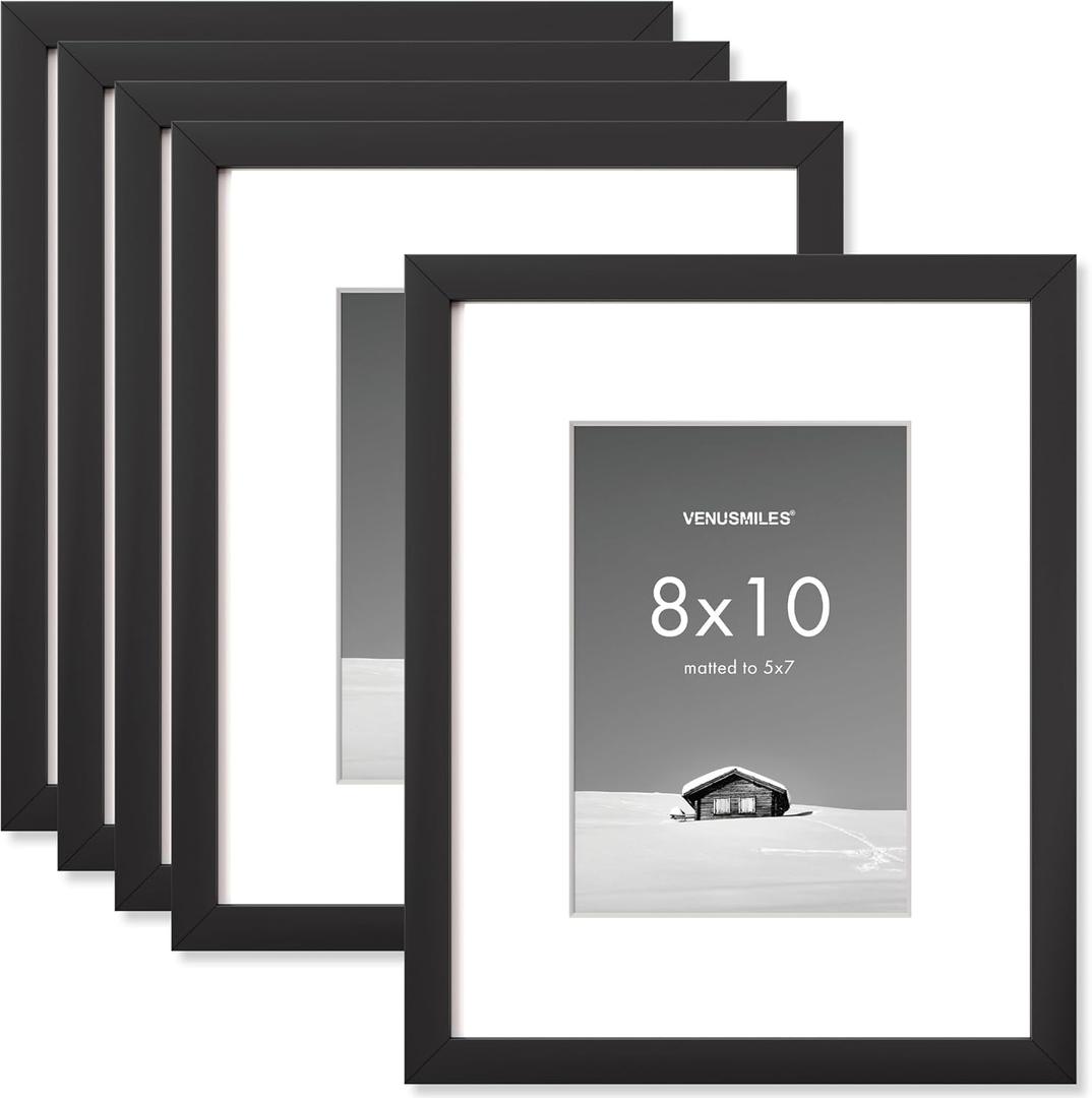Venusmiles 8x10 inch Picture Frame, 8x10 Photo Frames with 5x7 Removable Mat - High Definition Plexiglass - Vertical and Horizontal Display - Wall Hanging Frame - Black, 5 Pack