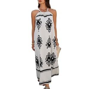 Womens Summer Maxi Dresses Casual Halter Sleeveless Floral Boho Beach Dress Travel Vacation Outfits Apricot, XL