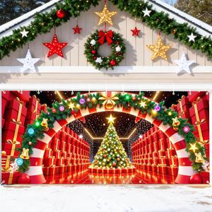 Christmas Garage Door Cover Decoration with Installation Instruction, Adhesive Hooks and Rope, 16 x 7 ft Large Fabric Candy Cane Xmas Garage Door Banner Covering Mural Backdrop Background