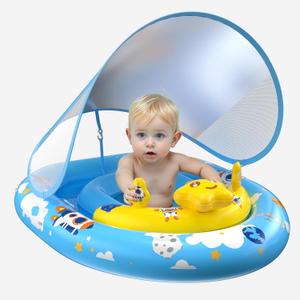Baby Pool Float with Canopy UPF50+ Sun Protection, Inflatable Kids Pool Floats Infant Swimming Float with Toy Play Console Adjustable Safety Seat for Kids Girls Boys Aged 6-36 Months (Blue)