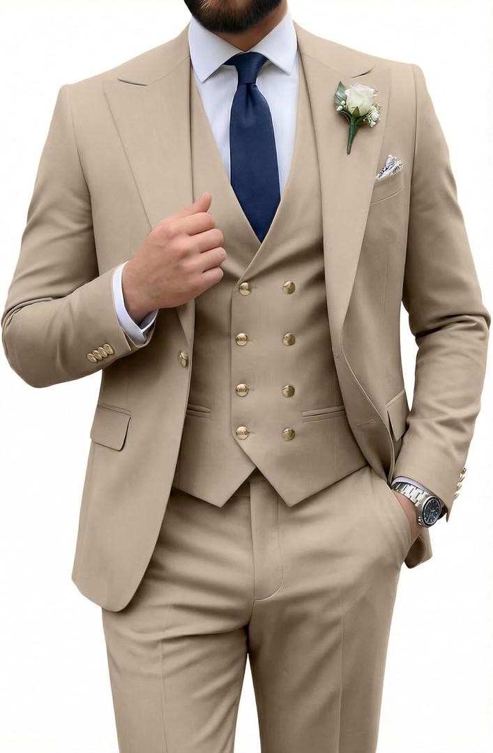 Mens Suit 3 Piece Double Breasted Suit Men Slim Fit Formal Tuxedo Suit Set Groomsmen Wedding Prom Suits (Champagne) 3X-Large