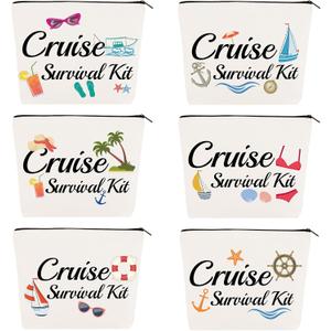 6Pcs Cruise Makeup Bag Cruise Survival Canvas Kit Funny Travel Cosmetic Bag Cruise Essentials Accessories Portable Organizer Zipper Pouch for Cruise Trip Gifts for Girls Women Sisters