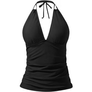 Yonique Women's Halter Tankini Top V Neck Swim Top Tummy Control Bathing Suit (Large, Black)