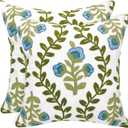 Alysheer Floral Embroidered Summer Decorative Throw Pillow Covers 20"x 20" Set of 2, Farmhouse Cottage Blue Flowers Green Leaves Knit Pattern Cotton Canvas Cushion Case for Couch Bed Living Room
