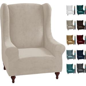 MAXIJIN Stretch Velvet Wingback Chair Slipcover 1-Piece Soft Stylish Plush Slipcovers for Wingback Chairs Thick Rich Velvet Wing Chair Cover with Elastic Bottom (Wing Chair, Khaki)