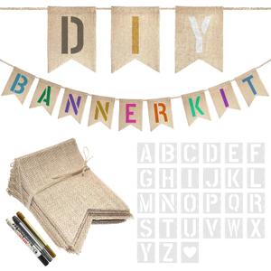 15 PCS Burlap Banner DIY Kit With 27 PCS Letter Stencil Banner Burlap Painting For Party Decorations Swallowtail Flags For Birthday (15PCS Light brown)