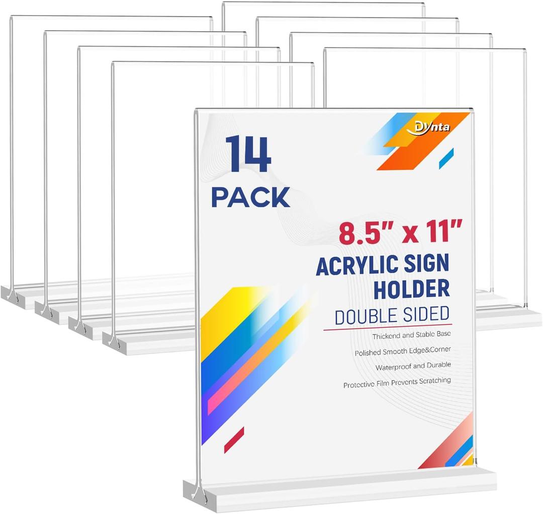 Dynta Acrylic Sign Holder 8.5 x 11 Inches 14 Pack Double Sided Clear Display Stand Vertical Table Sign Holder Plastic T Shape Document Menu Flyer Holder for Office Stores Restaurants Wedding Party
