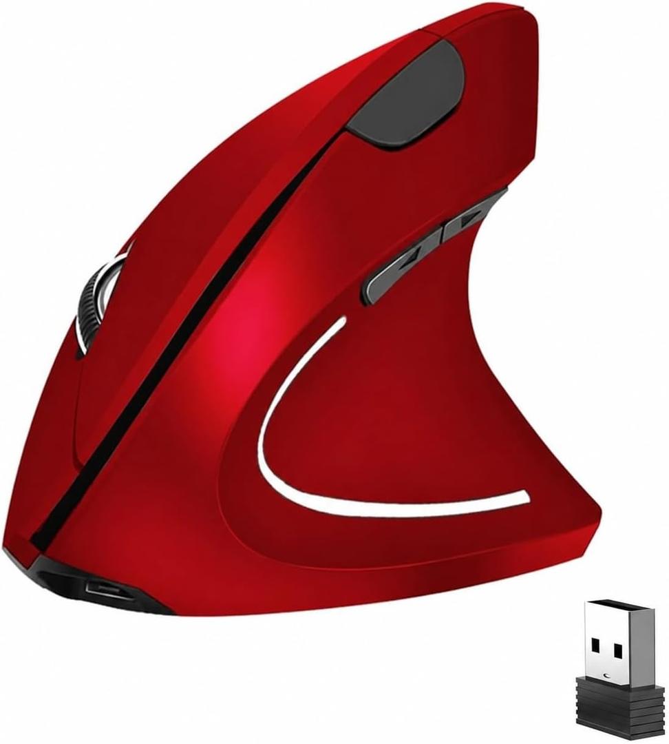 Ergonomic Vertical Wireless Mouse Stylish Rechargeable 2.4G Optical Mice Cordless Mouse with USB Receiver, 800/1200 /1600 DPI, 5 Buttons for Laptop,PC,Mac,Computer (Red)