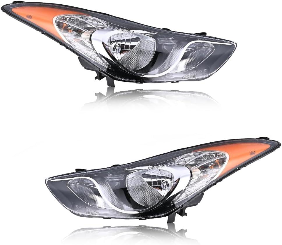 Headlight Assembly Designed for Hyundai Elantra 2011-2013, Passenger & Driver Side, Halogen Headlamp with Clear Lens Black Housing Amber Reflector, 92101-3y000 92102-3y000 HY2503161 HY2502161