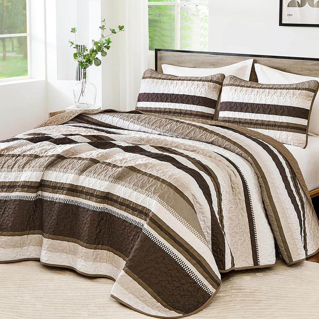 WONGS BEDDING Quilt Set Queen Size, Brown Striped Pattern Bedspread,Lightweight Summer Coverlet Bedding Set for Bed 96"x90"