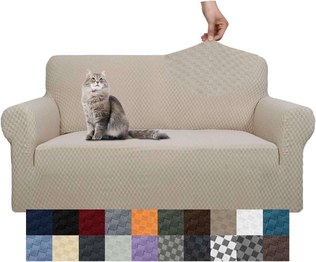YEMYHOM Couch Cover Latest Jacquard Design High Stretch Sofa Covers for 2 Cushion Couch, Pet Dog Cat Proof Loveseat Slipcover Non Slip Magic Elastic Furniture Protector (Medium, Khaki) (Medium (55"-69"))