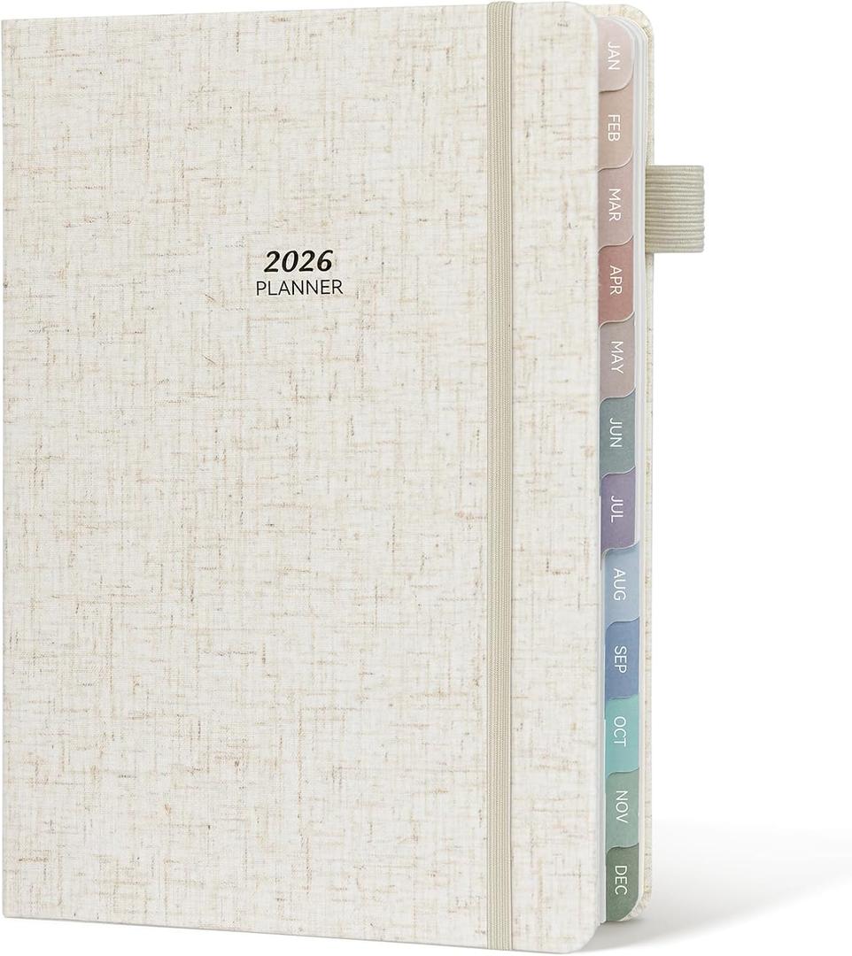 Getink 2026 Planner Weekly & Monthly Daily Agenda Book with Linen cover, 2026 To Do List Notebook with Colorful Monthly Tabs, Inner Pocket, Elastic Closure (Beige, 7.5"x10")