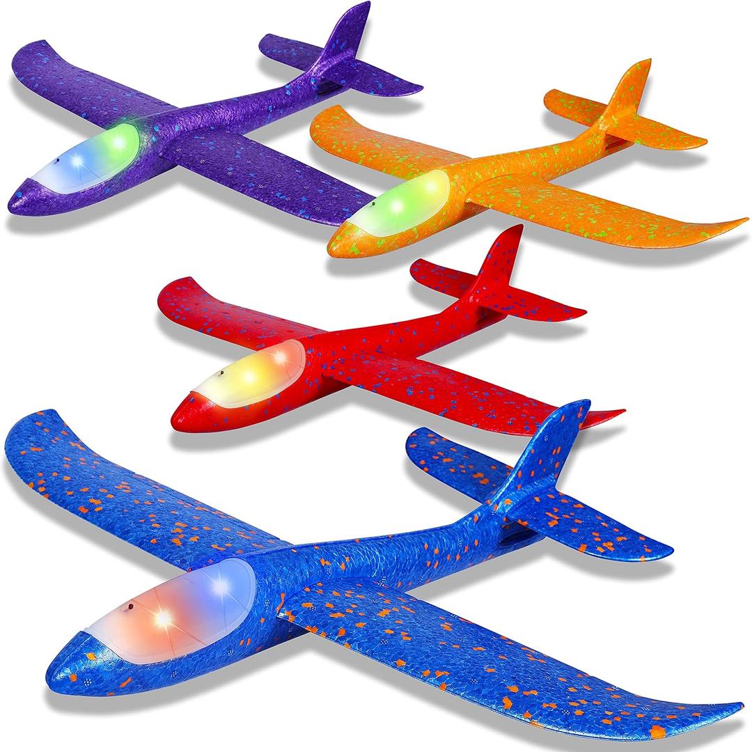 CUKU 4 Pack LED Light Airplane Toys-17.5" Large Throwing Foam Plane-2 Flight Modes Glider Plane-Outdoor Flying Toys for Kids-Flying Toys Gift for Boys Girls 3 4 5 6 7 8 9 Years Old (Colourful)