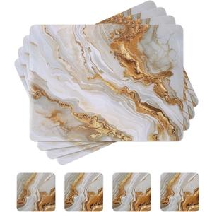 fanquare Hard Cork Placemats and Coasters Set of 4 with Marble Pattern Design Easy to Clean Abstract Artistic Placemat for Dining Table Dcor, Gold Sand (Rectangular, White)