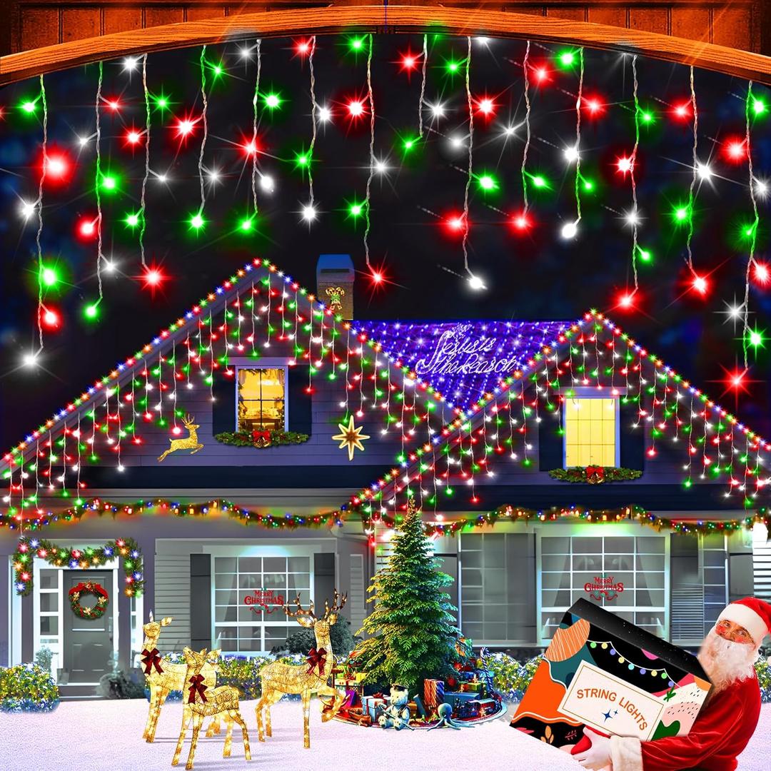 XURISEN 66ft Christmas Lights Decorations Outdoor, 640 LED 8 Modes Curtain Fairy Lights with 120 Drops,Plug in Waterproof Timer Memory Function for Christmas Holiday Wedding Party Decor (Red+Green+White)
