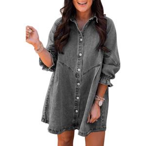 Sidefeel Womens Smocked 3 4 Sleeve Button Down Denim Jeans Dresses (Gray, M)