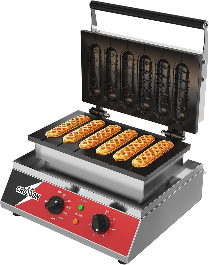 CROSSON Commercial 6PCS Waffle Stick Maker, Non-Stick Triple-Layer Coating Corn Hot Dog Waffle Iron W/ 140-480 Temp Range and 5 Minutes Timer, Machine for Restaurant Bakery Snack Bar-120V/1600W