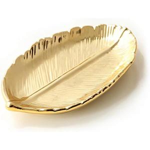 Lependor Golden Leaf Shaped Small Ceramic Jewelry Ring Dish Necklace Bracelet Holder Tray Organizer, Ceramic Decorative Trinket Dish for Wedding Party Woman Girl -Small Gold Leaf