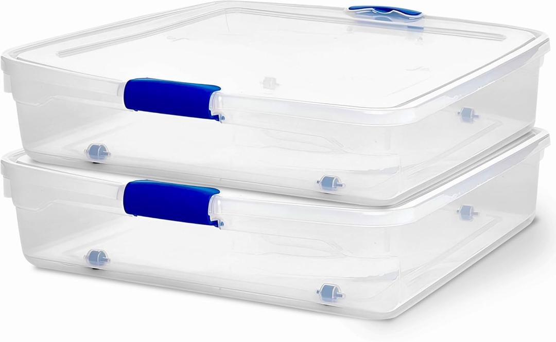 HOMZ 2-Pack Under Bed Storage, Clear Plastic Containers with Lids, 56 Quart, Blue Latch - Stackable Underbed Organizer Bins for Shoes, Bags, Clothes, and Towels