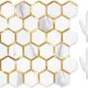 STICKGOO Hexagon Peel and Stick on Backsplash for Kitchen and Bathroom, White Marble Look PVC Mixed Metal Gold Self Adhesive Metal Mosaic Tiles(10 Sheets, Seamless) (White Marble with Metal Gold)