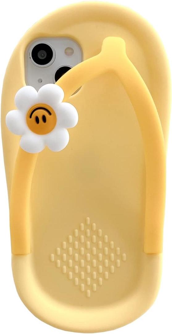 Yatchen Kawaii Phone Cases Apply to iPhone 14 Plus,Cute Cartoon Yellow Slippers Phone Case with Flower Flip Flops Phone Case 3D Case Soft Silicone Protctor Women Girls for iPhone 14 Plus