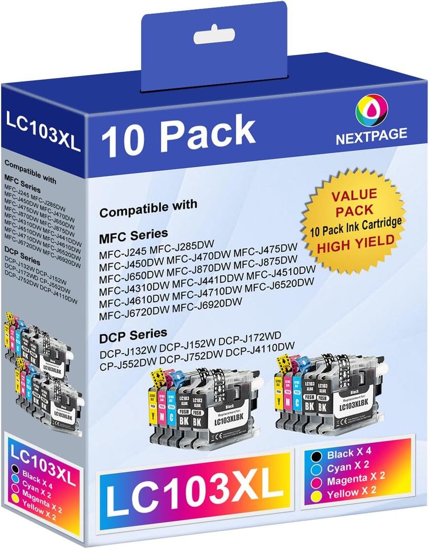 NEXTPAGE LC103 LC103XL Ink Cartridge Compatible Replacement for Brother LC103 XL LC103XL LC101 LC103CL Ink Cartridges Work to MFC-J870DW MFC-J475DW MFC-J6920DW(4 Black, 2 Cyan, 2 Magenta, 2 Yellow)