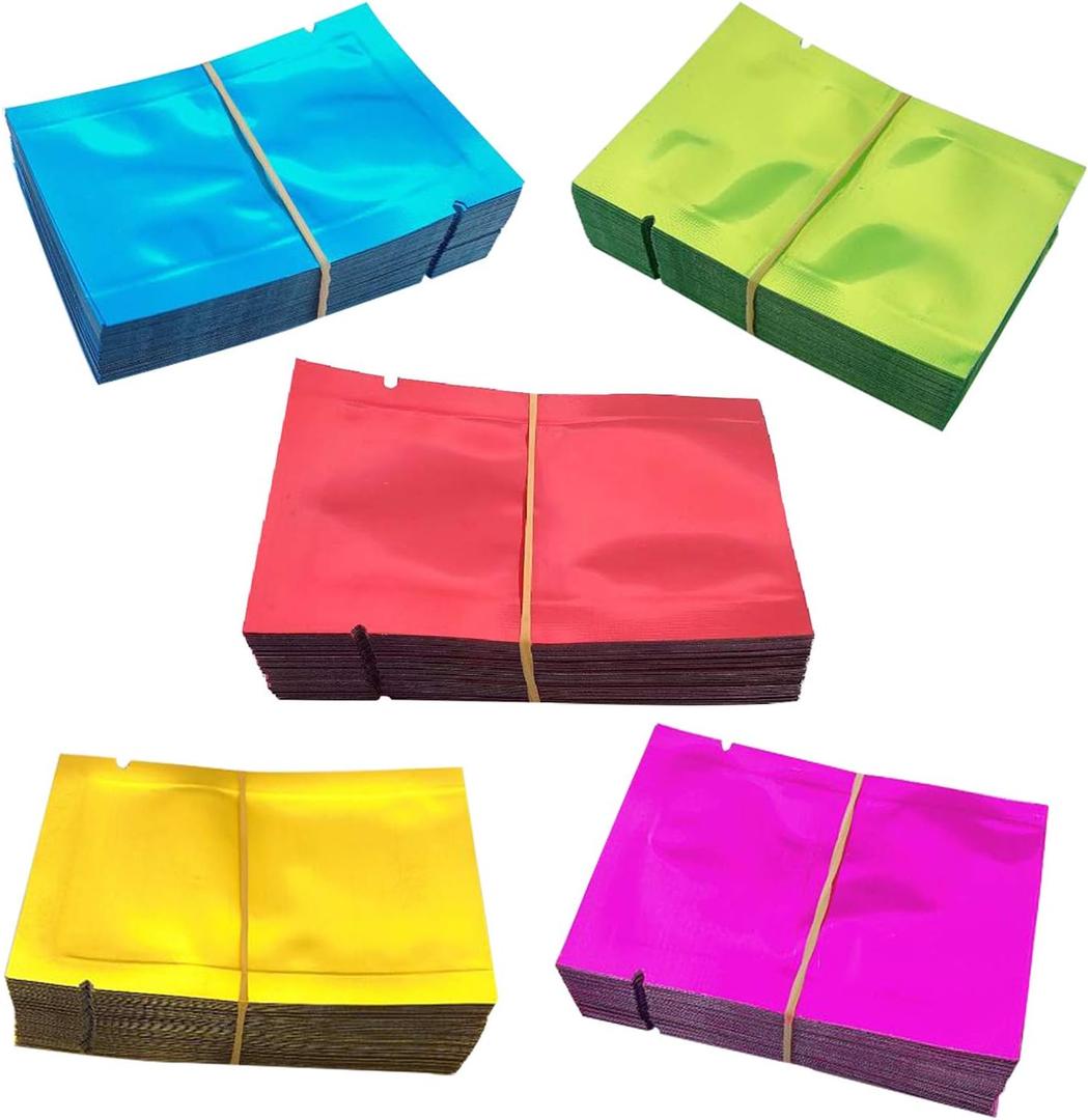 500 Pack Aluminum Foil Bags, Matte Sample Pack Flat Open Top Resealable Tear Notch Aluminum Foil Mylar Bags, 5 x 7 cm/ 2x 2.7 inch, 5 Color