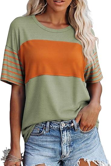 SHEWIN Womens Casual Short Sleeve Shirts Loose Crewneck Color Block Tshirts Tops (Small, B Light Green)