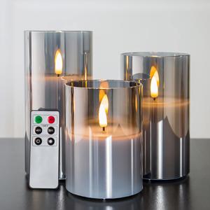 Eywamage Smoke Grey Glass Flameless Pillar Candles with Remote, Flickering LED Battery Candles Table Decor Set of 2