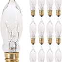 KOR (12 Pack) 7.5CFC/15/3 7.5W 120 Volt, Flame Candelabra Tip Chandelier Bulb, Clear CA5 Incandescent, Petite Decorative Lamp, E12 Candelabra Brass Plated Base, 40 Lumens, Dimmable.