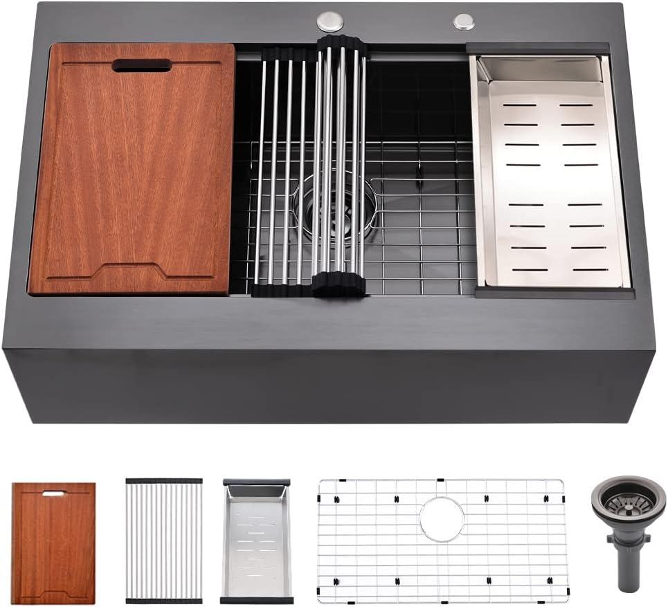 30 Inch Black Drop In Farmhouse Sink Workstation-Bokaiya 30 x 22 Black Stainless Steel Farmhouse Sink Top Mount Ledge Workstation 16 Gauge Single Bowl Drop In Kitchen Sink with Cutting Board