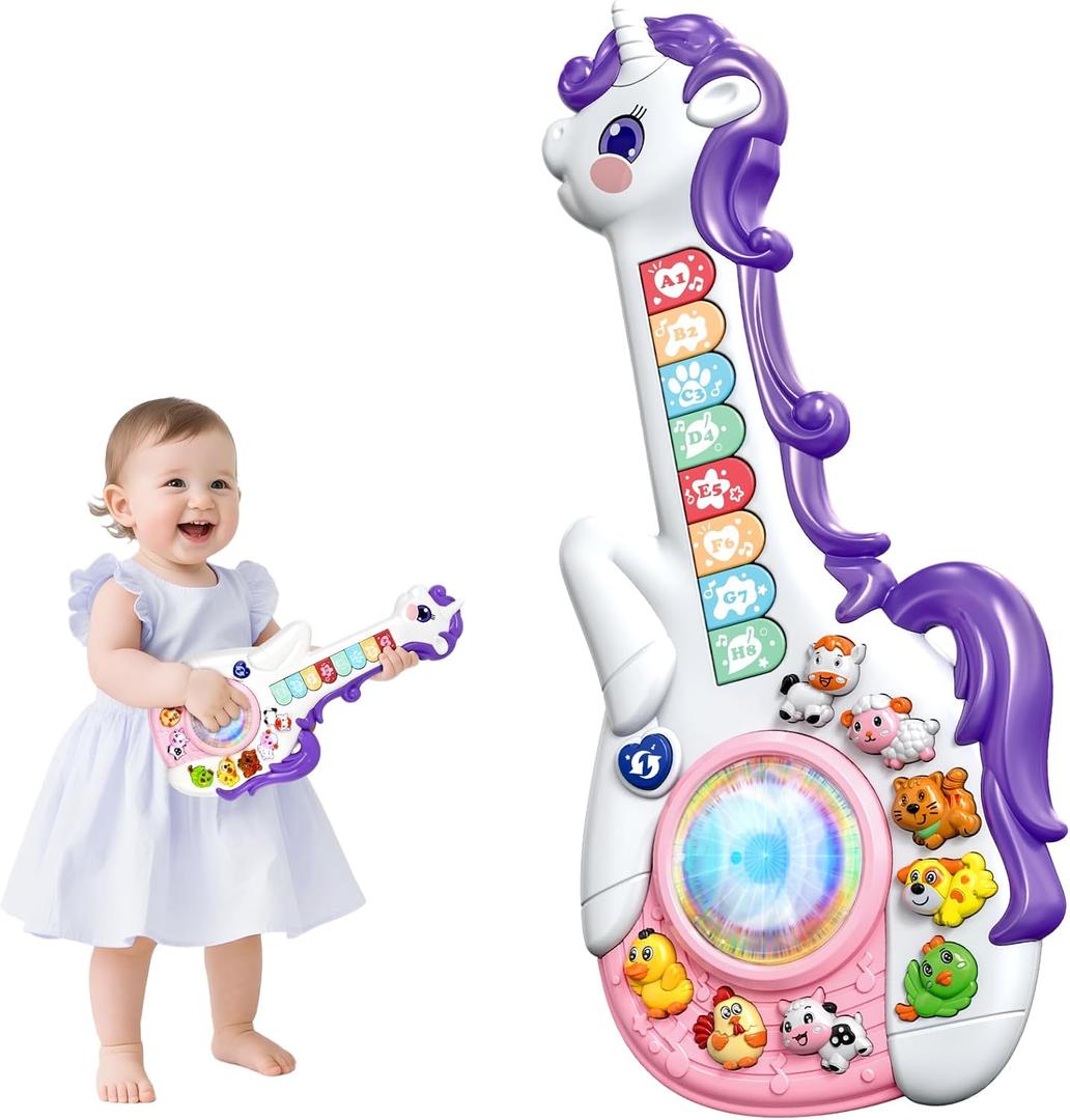 Marstone Toys for 1 Year Old Girl Birthday Gifts: Baby Musical Unicorn Toys 12-18 Months, Educational Cartoon Guitar for Toddlers 1-2, Infant 1st First Interactive Learning Birthday Present
