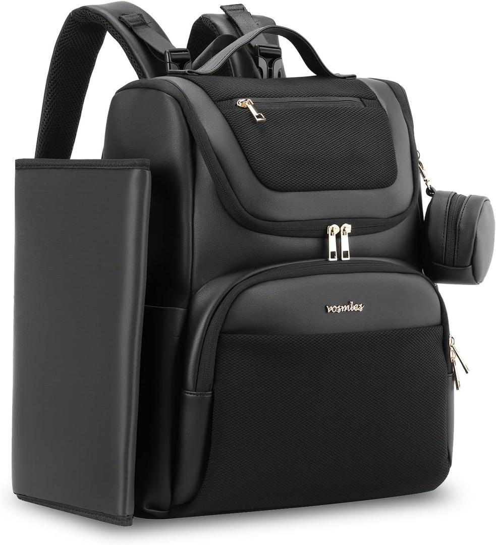 Large Leather Diaper Bag Backpack, Baby Travel Bag with Changing Pad, Insulated Pockets, Stroller Straps and Pacifier Case, Water-Resistant Diaper Bag for Mom and Dad, Black