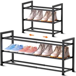 Bumusty 3-Tier Expandable Shoe Rack for Closet, 18-33 Adjustable Shoe Rack for Small Space, Small Shoe Organizer for Front Door, Sturdy Metal, Black