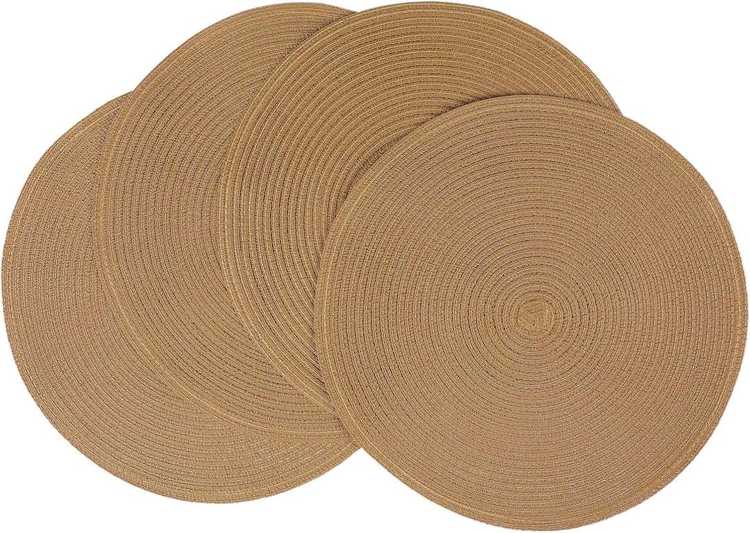 SHACOS Round Placemats Set of 4 Woven Braided Kitchen Table Placemats 15 inch Round Place Mats Washable Table Mats Indoor Outdoor, Brown