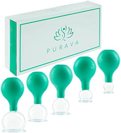 PURAVA Glass Cupping Therapy Set, Suction Ball - for Neck, Face, Body Tension, Back Pain, Cellulite - Set of 5