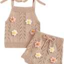Toddler Girl Fall Outfits Knit Baby Clothes Tie-up Camisole With Elastic Waist Shorts 2 Pcs Clothing Set (18-24 Months)