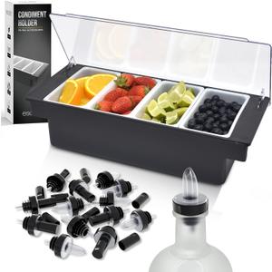 Esatto Bar Products Condiment Holder for Serving Container Chilled Garnish Tray with Lid for Bar Caddy, 4-1 Pint Inserts, With Added 12 Liquor Bottle Pourers, and 12 Pourer Covers - Black