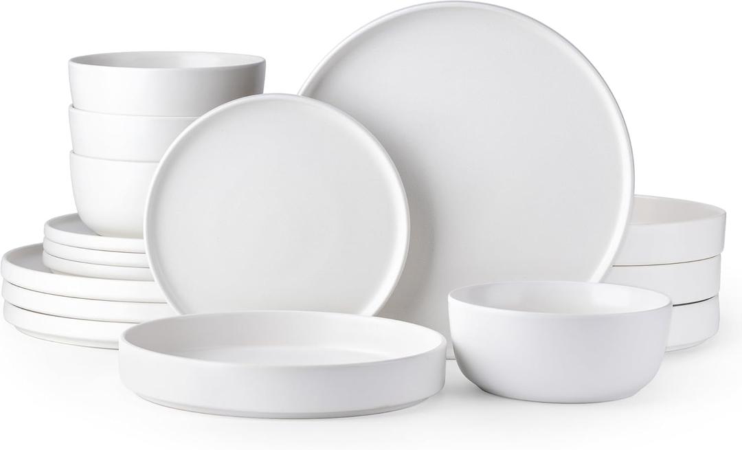 AmorArc Stoneware Dinnerware Sets with Pasta Bowl Set, Reactive Ceramic Plates and Bowls Set, Highly Chip and Crack Resistant | Dishwasher & Microwave Safe | Round Dishes Set Service for 4 (16pc) (Stoneware Matte White)