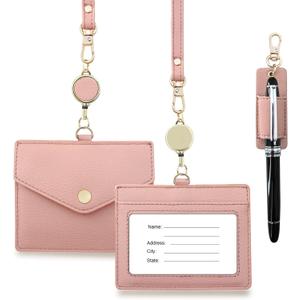 Office Badge Holder - Boshiho Genuine Leather Credit ID Card Holder with Stretch Neck Lanyard and Pen Clip, Gift Box (Horizontal-Pink)